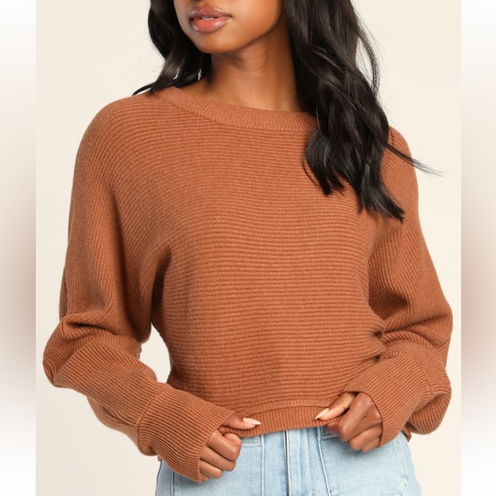 Lulus Fireside Flirt Rust Brown Ribbed Cropped Pullover Sweater size small